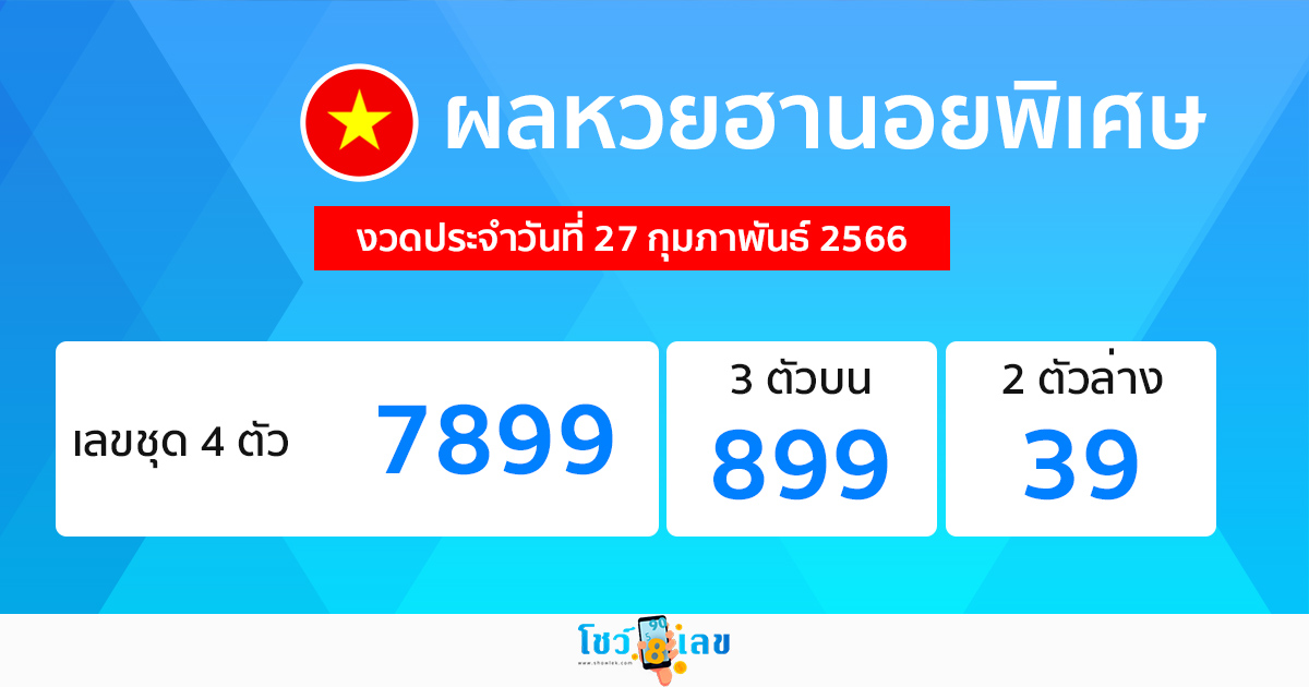 ผลหวยฮานอยพิเศษ 27/02/66-showlek