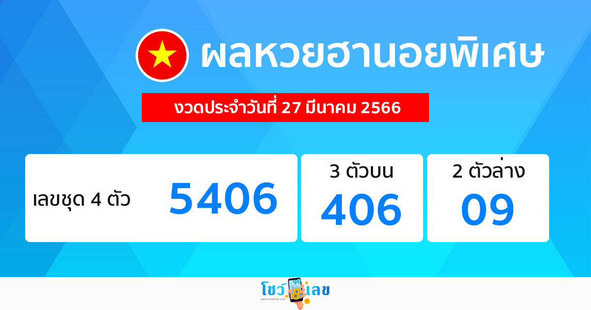ผลหวยฮานอยพิเศษ 27/03/66-showlek