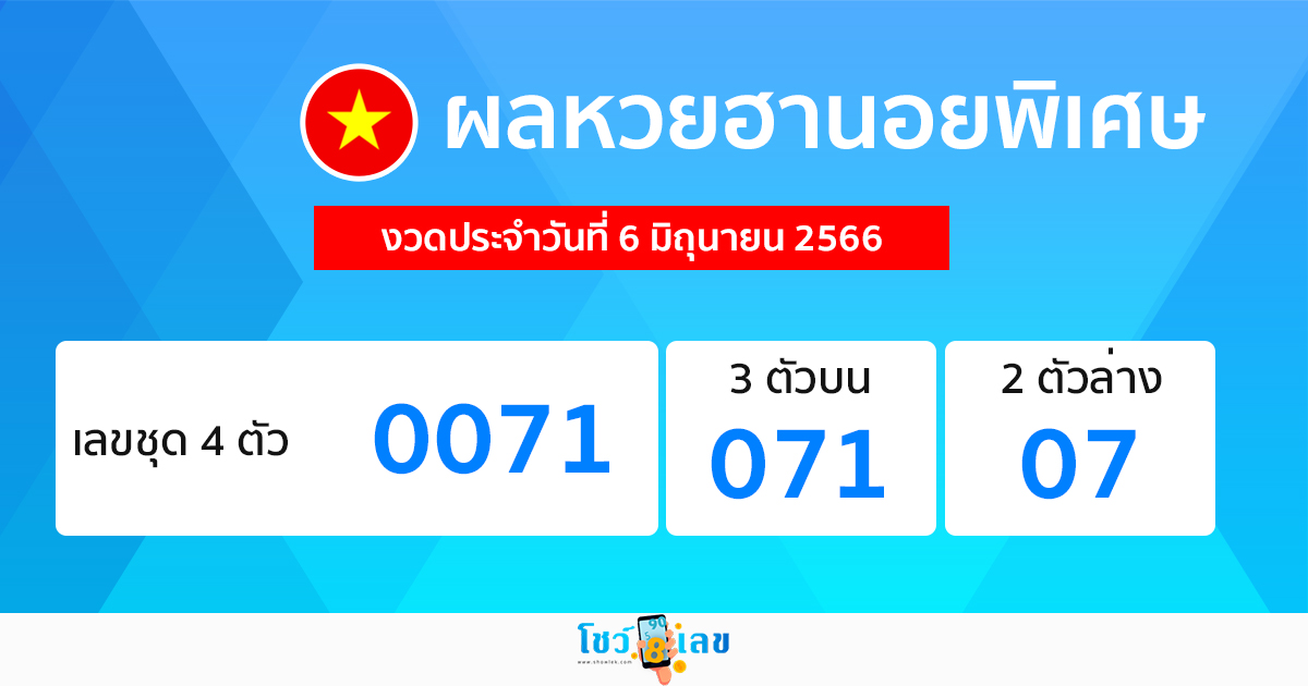 ผลหวยฮานอยพิเศษ 6/06/66-showlek
