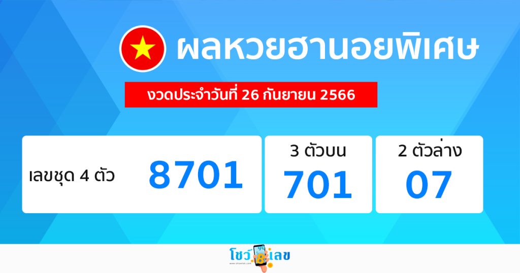 ผลหวยฮานอยพิเศษ 26/09/66-showlek