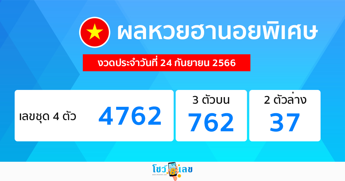 ผลหวยฮานอยพิเศษ 24/09/66-showlek
