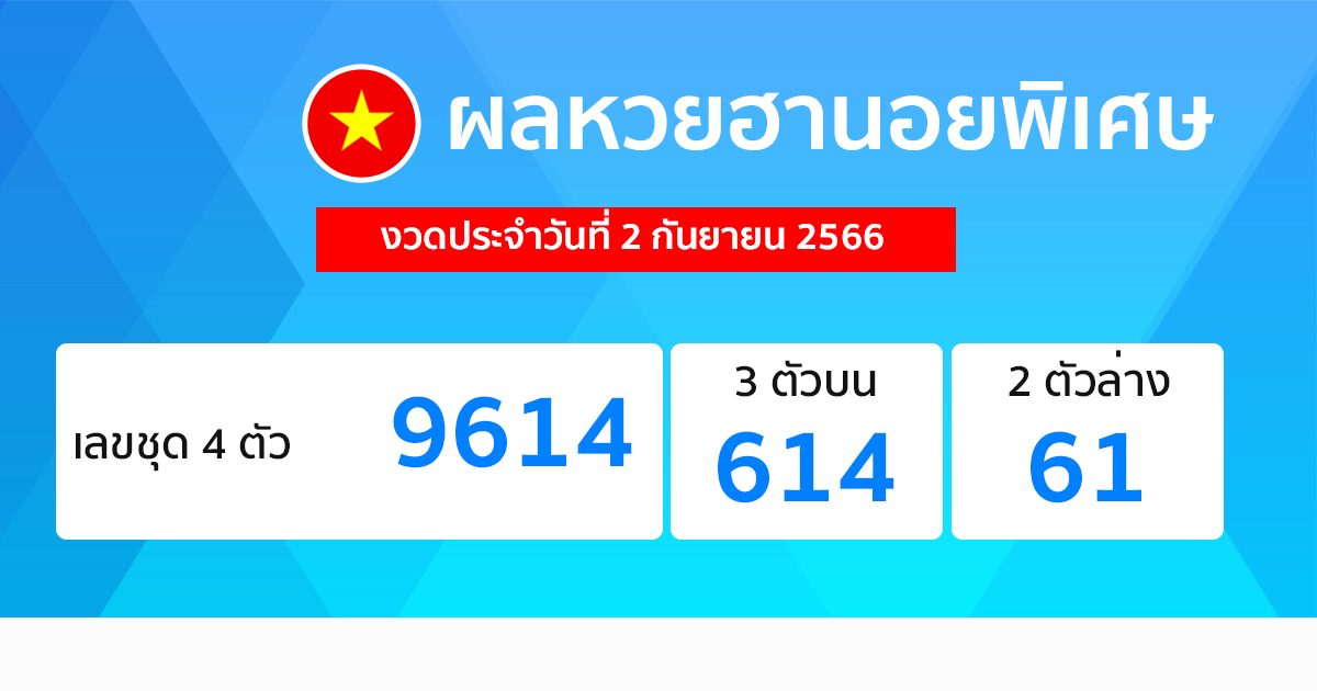 ผลหวยฮานอยพิเศษ 2/09/66