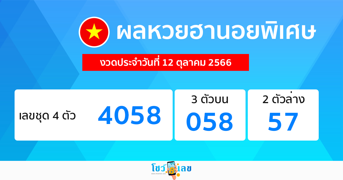 ผลหวยฮานอยพิเศษ 12/10/66-showlek