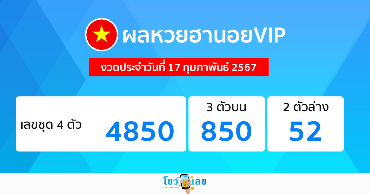 ผลหวยฮานอยVIP 17/02/67-"Hanoi VIP lottery results 17-02-67"