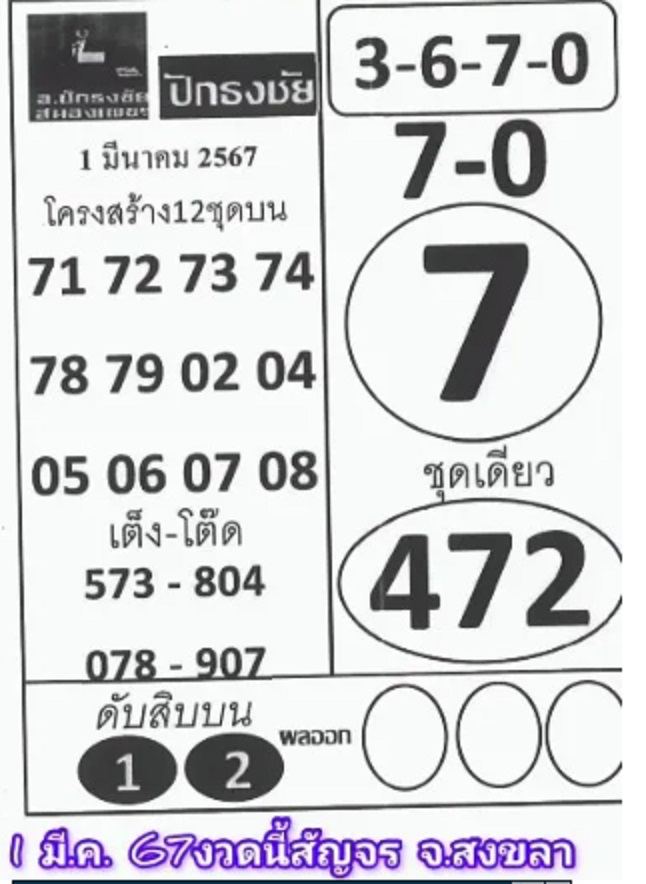 เลขปักธงชัย 1 3 67-"Pak Thong Chai number"