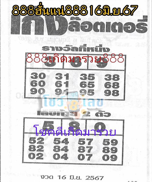 เก็งล๊อตเตอรี่ 16 6 67 -"Lucky numbers for this period, Thairath Daily News"
