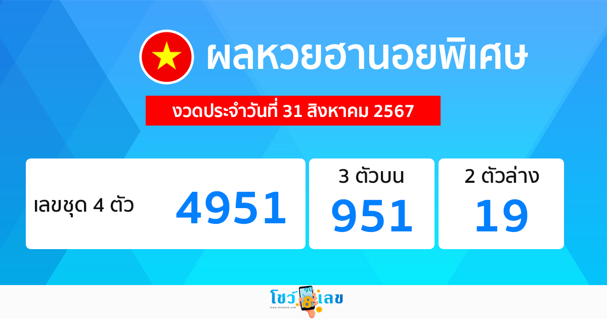 ผลหวยฮานอยพิเศษ 31/08/67-"Special Hanoi lottery results 31-08-67"
