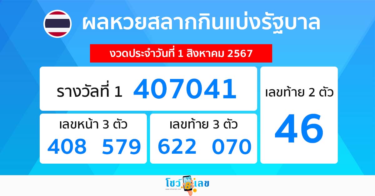 ผลหวยรัฐบาลไทย 1/08/67-''Thai government lottery results 1/08/67''