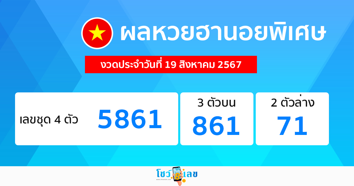 ผลหวยฮานอยพิเศษ 19/08/67 -"special hanoi lottery results 19-08-67"