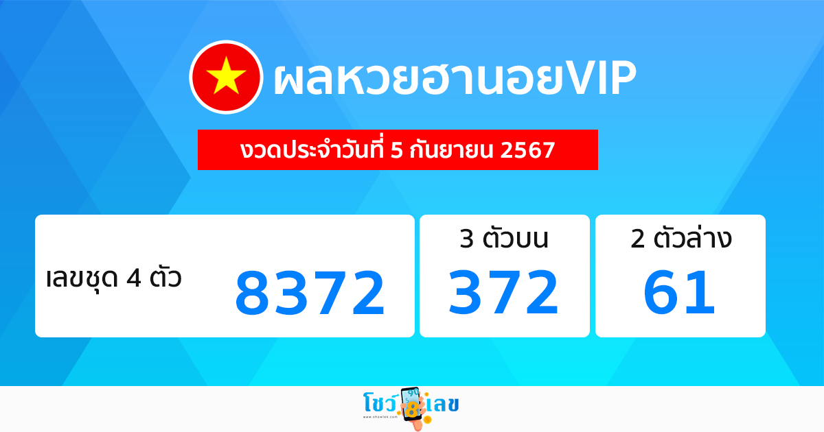 ผลหวยฮานอยVIP 5/9/67-"Hanoi VIP lottery results 5-9-67"