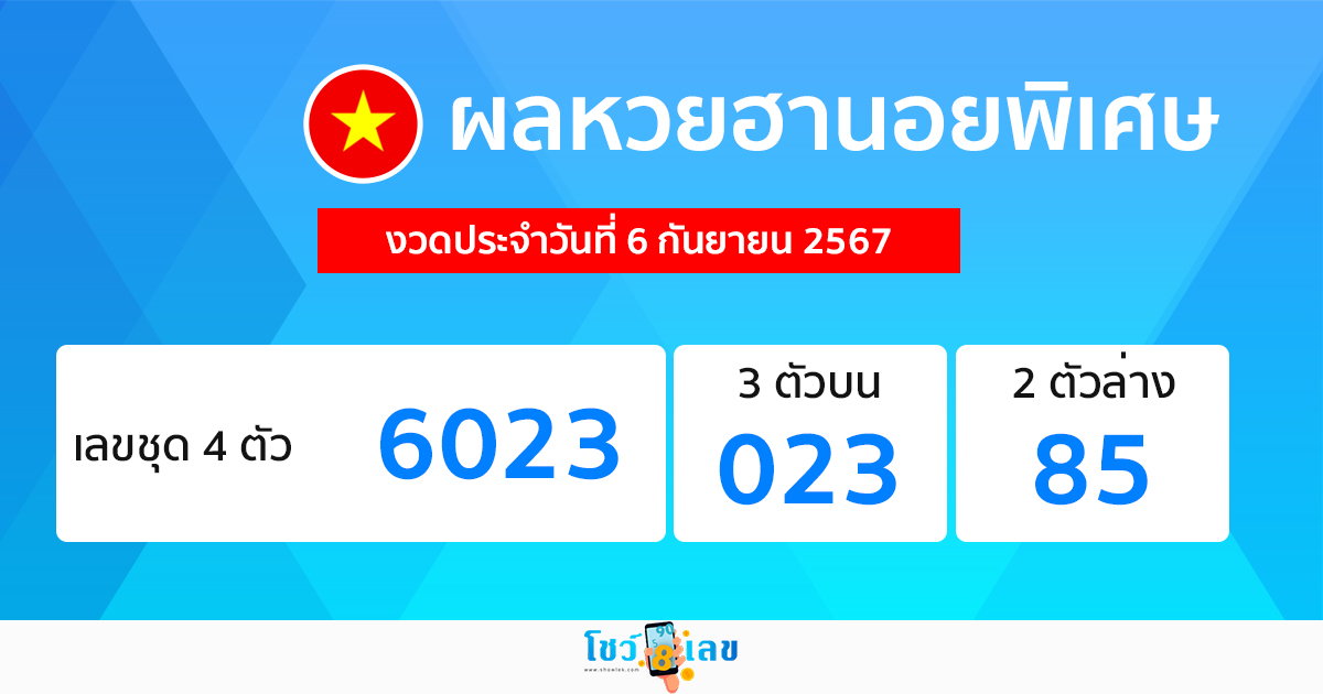 ผลหวยฮานอยพิเศษ 6/9/67 -"Special Hanoi lottery results 6-9-67"