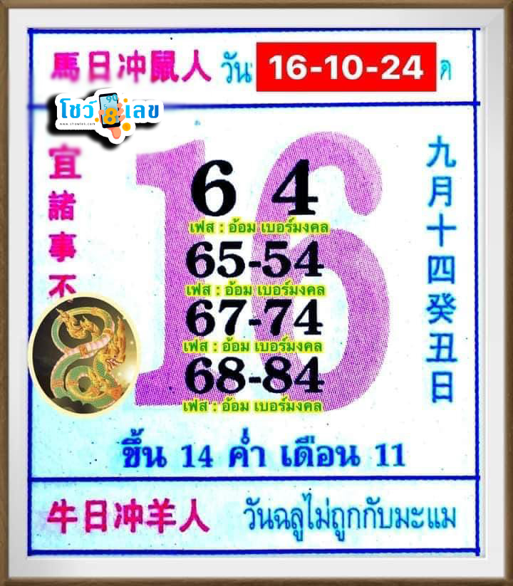 เลขปฏิทินจีน16 10 67-''Chinese calendar number 16 10 67''