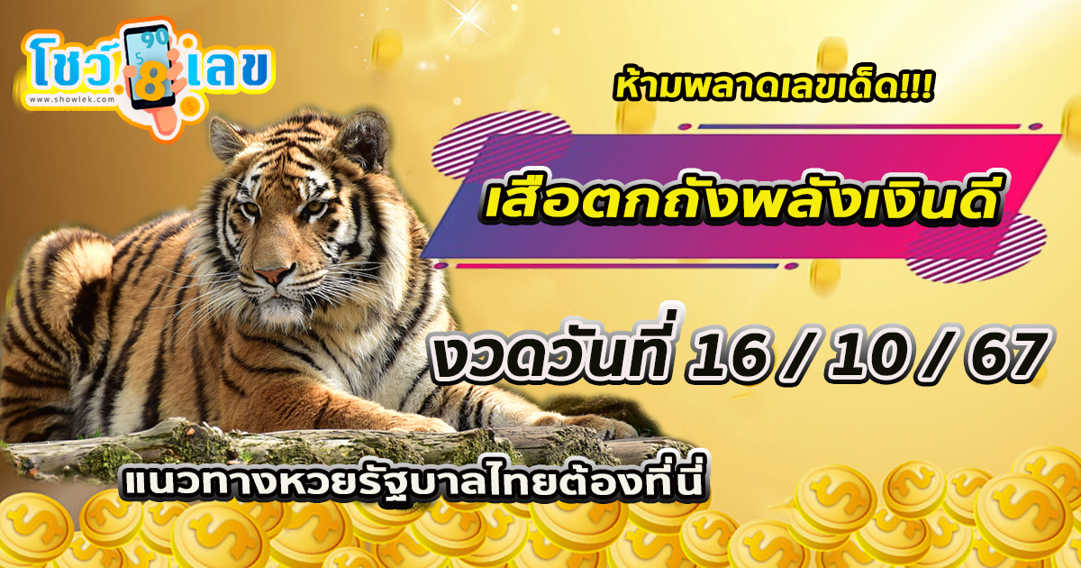 ห้ามพลาด ส่องเลขเด็ด แนวทางหวยรัฐบาลไทยล่าสุด เสือตกถังพลังเงินดี 16 10 67 ติดตามได้ที่นี่เว็บไซต์โชว์เลข
