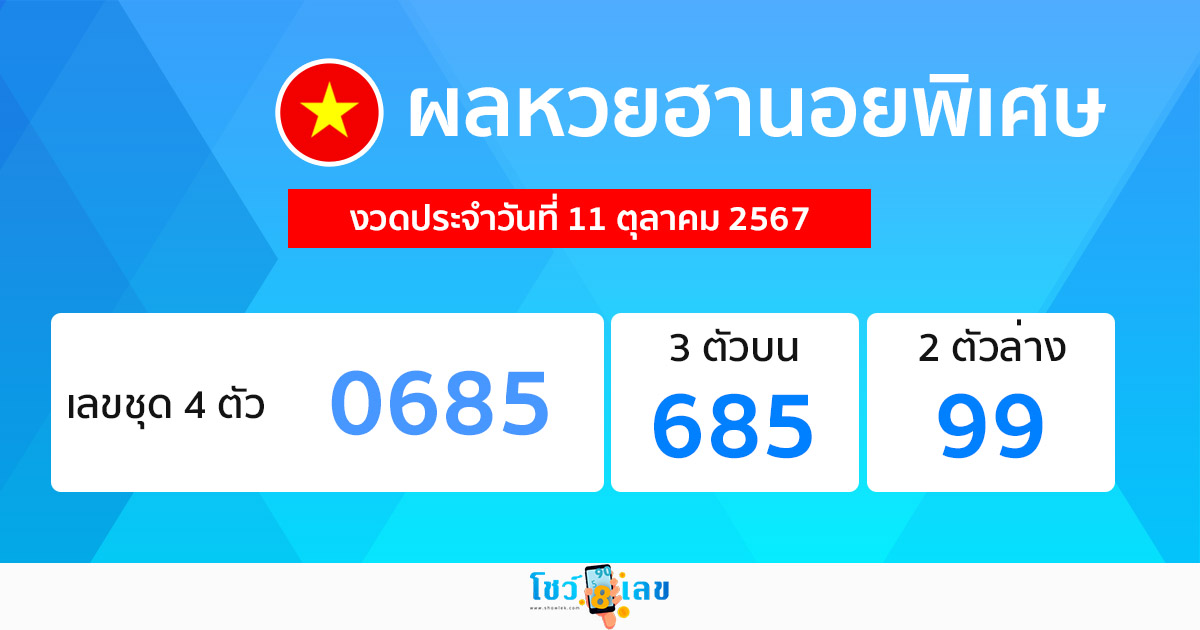 ผลหวยฮานอยพิเศษ 11/10/67 -"special hanoi lottery results 11-10-67"
