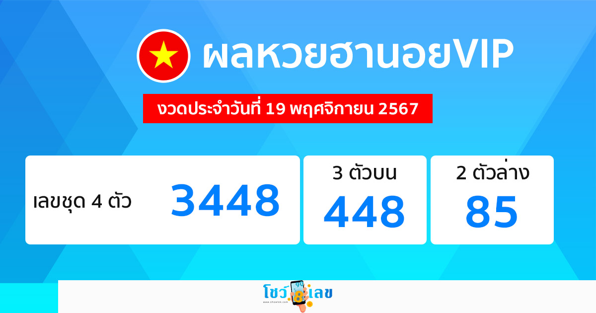 ผลหวยฮานอยVIP 19/11/67 -"Hanoi VIP lottery results 19/11/67"