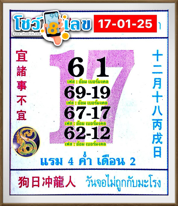 เลขปฏิทิน 17 1 68 -"Calendar number"