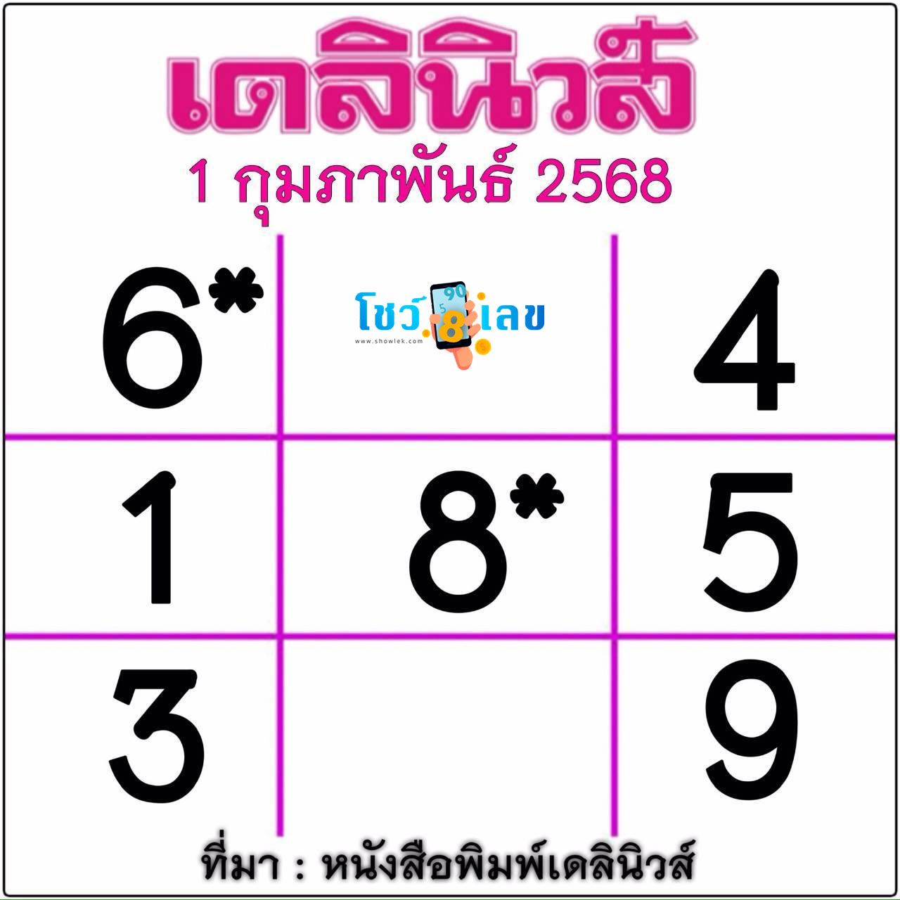 เลขเดลินิวส์ 1 02 68-"Daily News number"